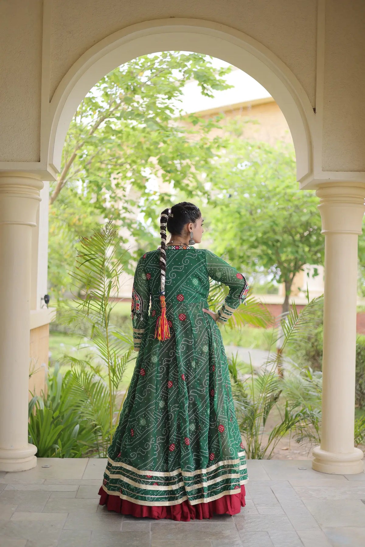 12 Meter Flair | Maroon-Green Navratri Lehenga With Patch Work Shrug