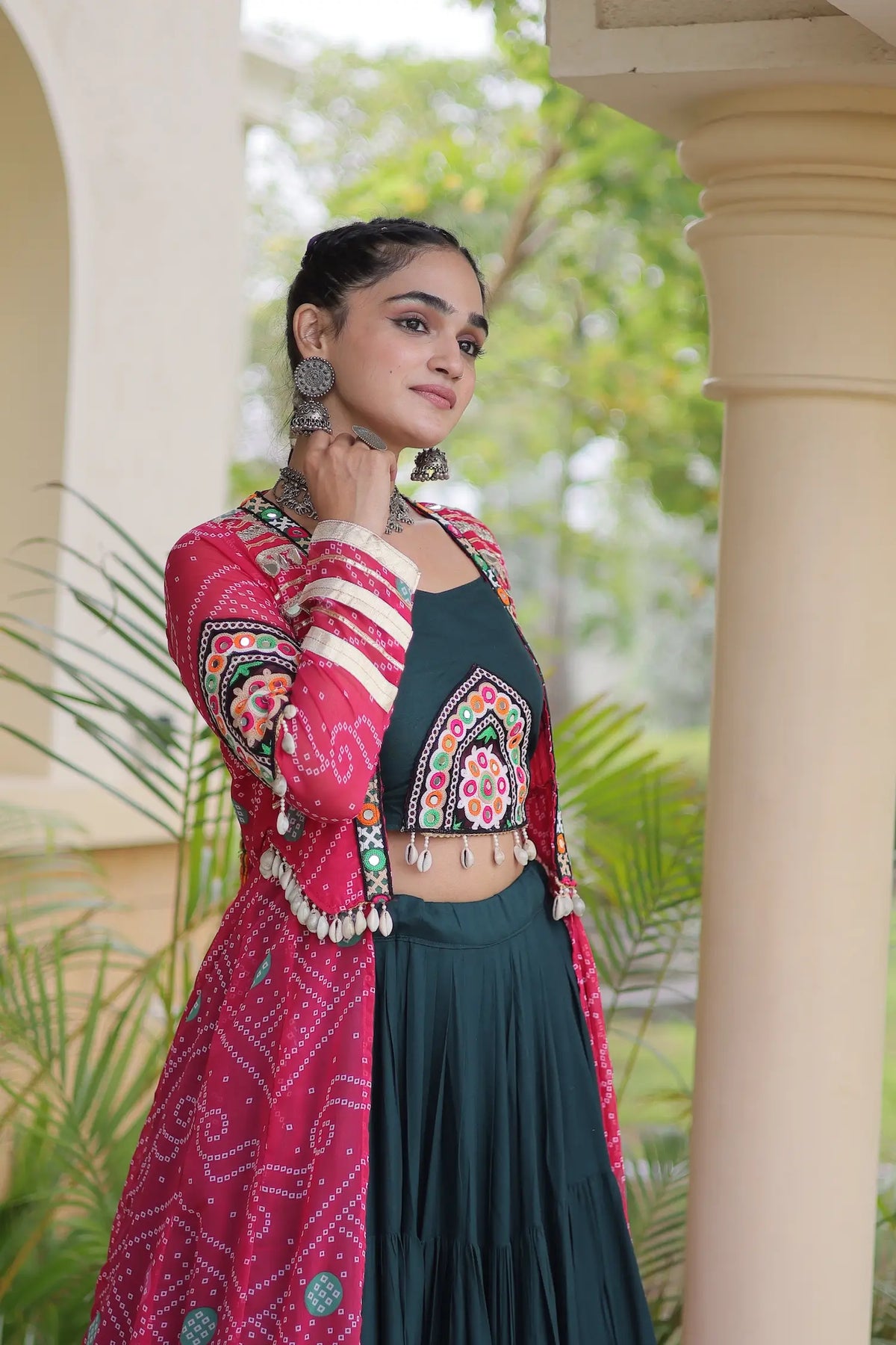 12 Meter Flair | Green-Pink Navratri Lehenga With Patch Work Shrug