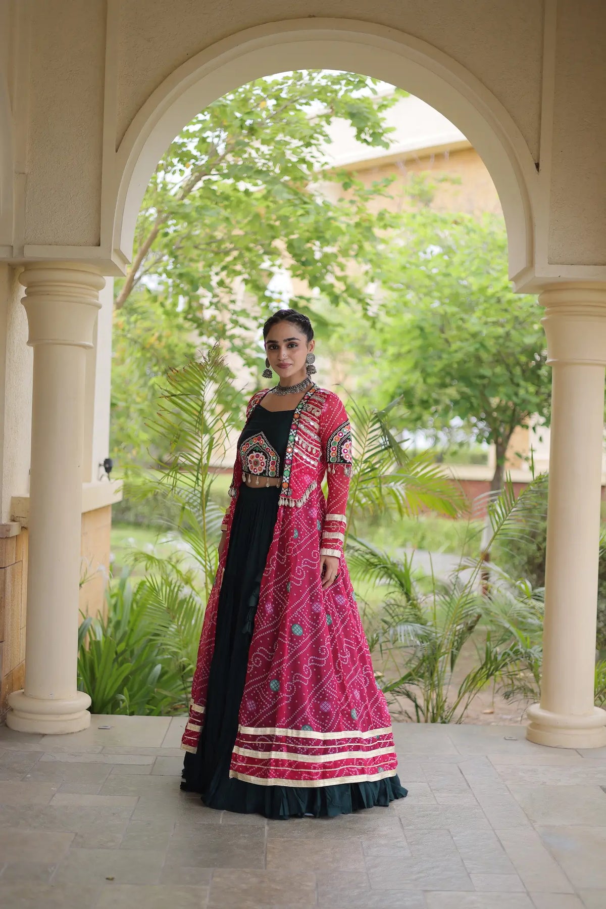 12 Meter Flair | Green-Pink Navratri Lehenga With Patch Work Shrug