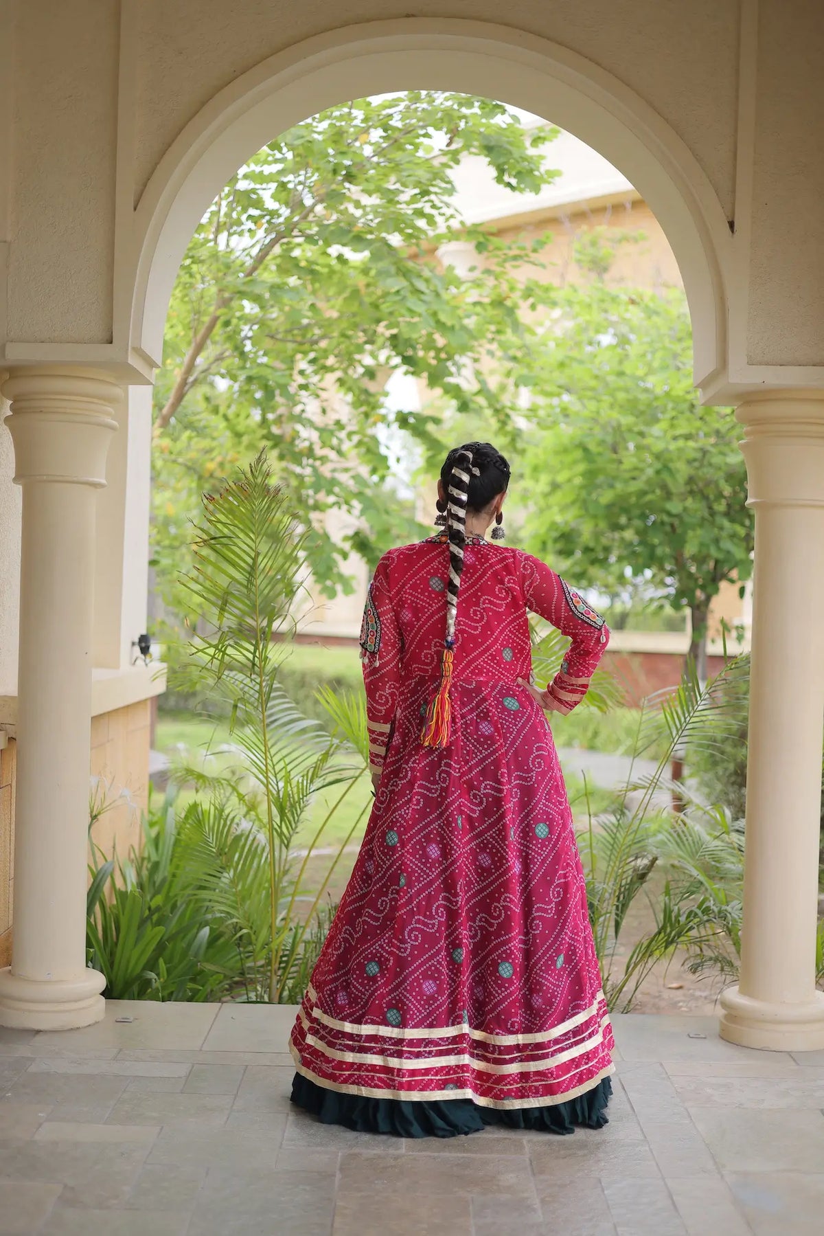 12 Meter Flair | Green-Pink Navratri Lehenga With Patch Work Shrug