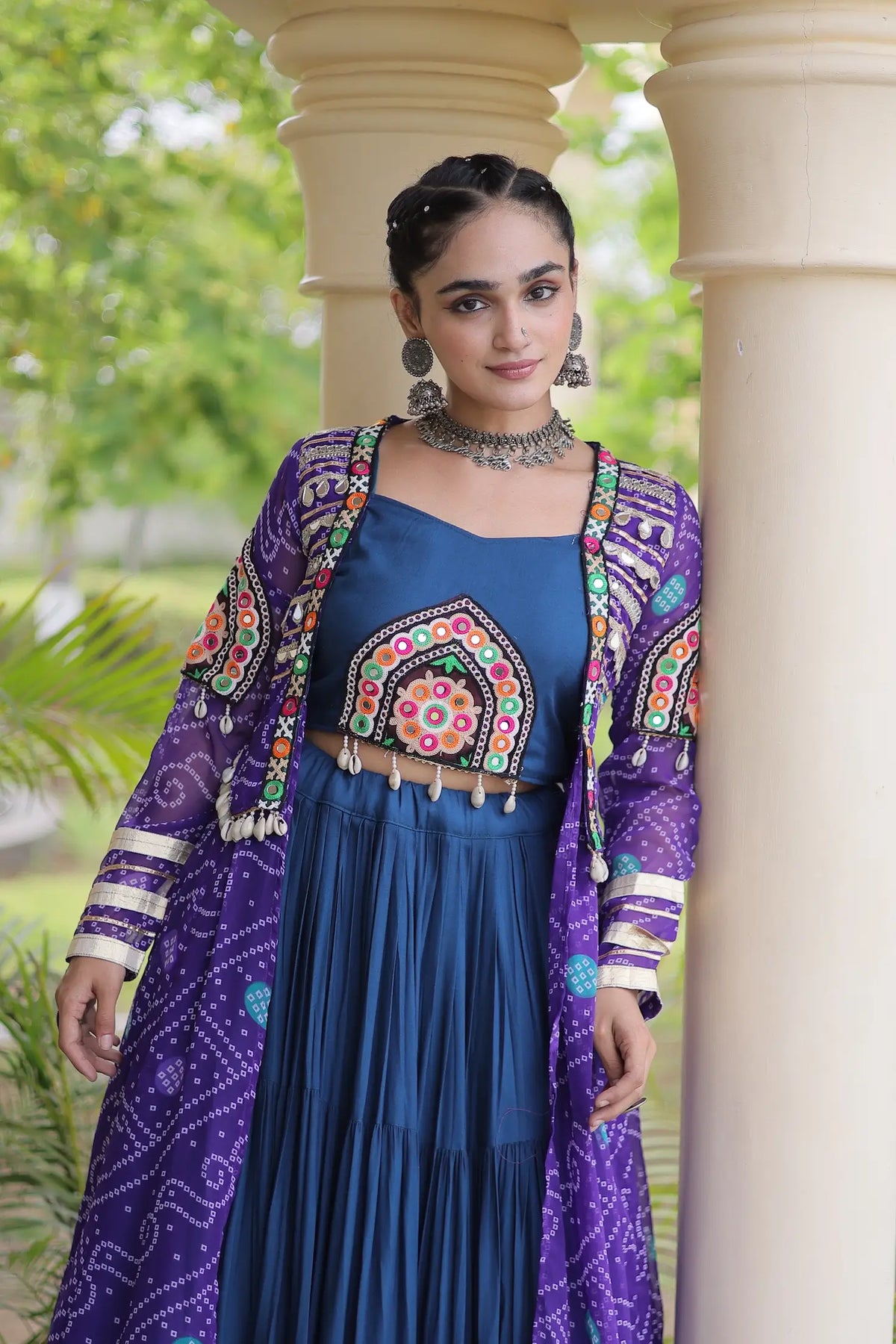 12 Meter Flair | Blue-Purple Navratri Lehenga With Patch Work Shrug