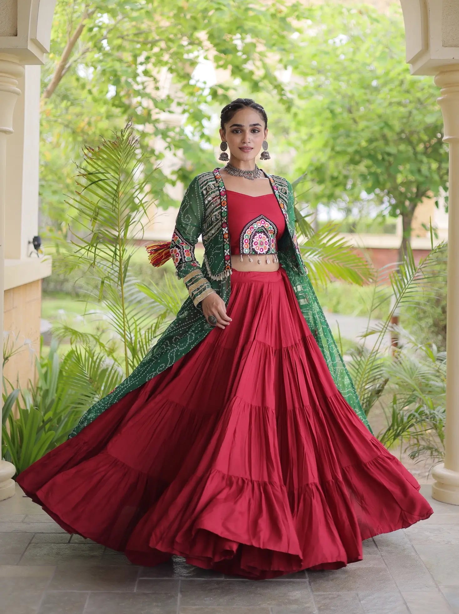 maroon and green dress 12 Meter Flair | Maroon-Green Navratri Lehenga With Patch Work Shrug green dark maroon color combination dress