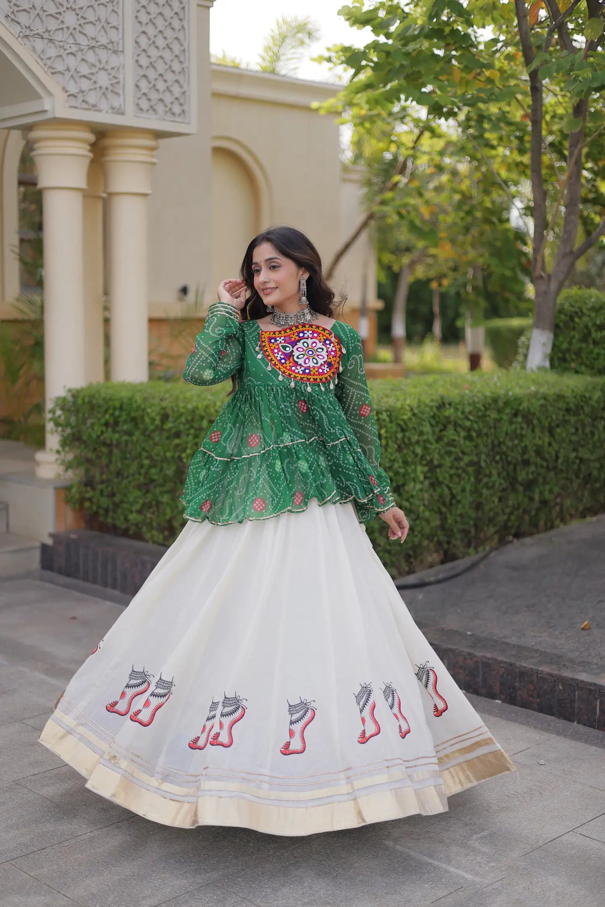 Green-White Garba Chaniya choli With Gamthi Patch Work