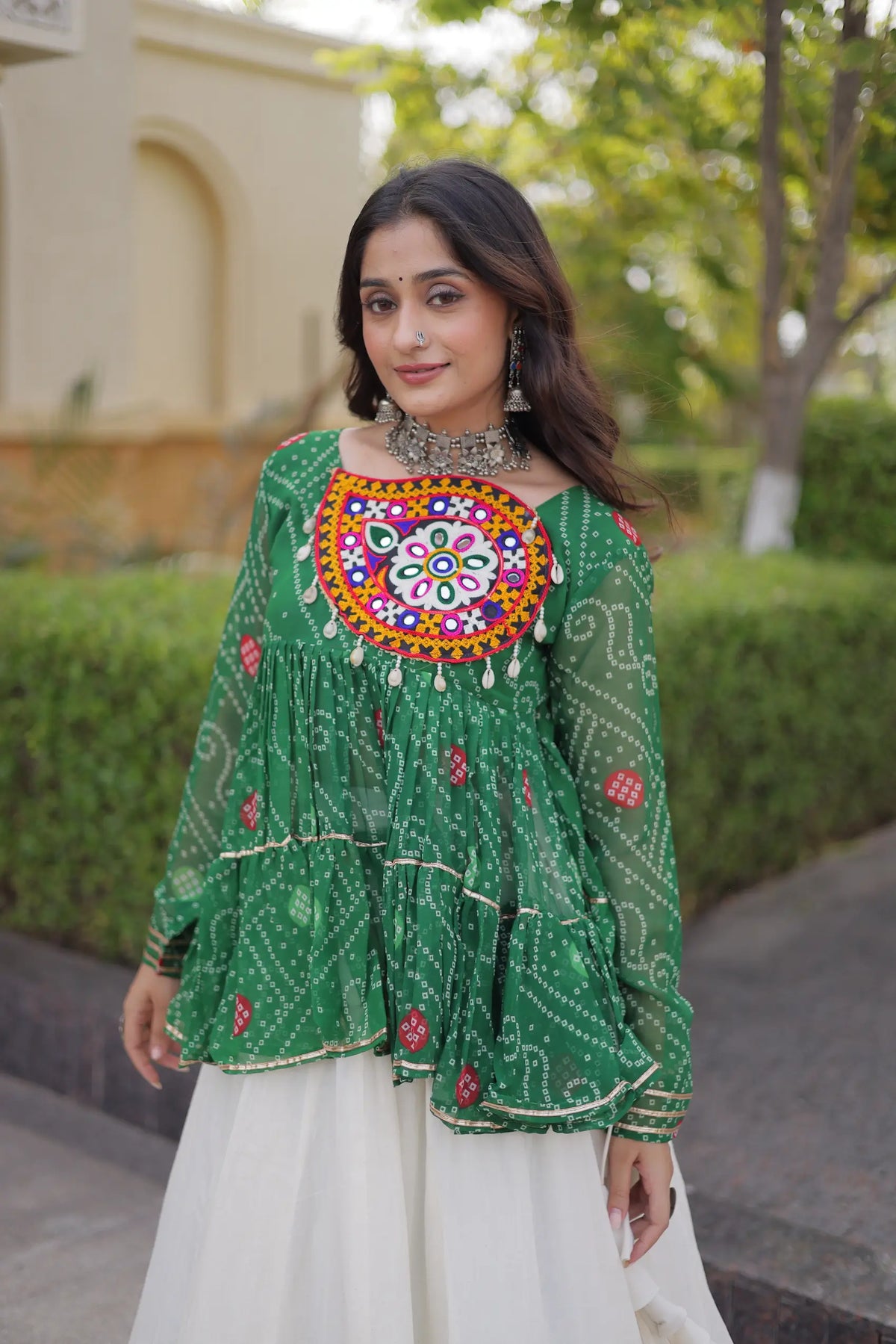 Green-White Garba Chaniya choli With Gamthi Patch Work