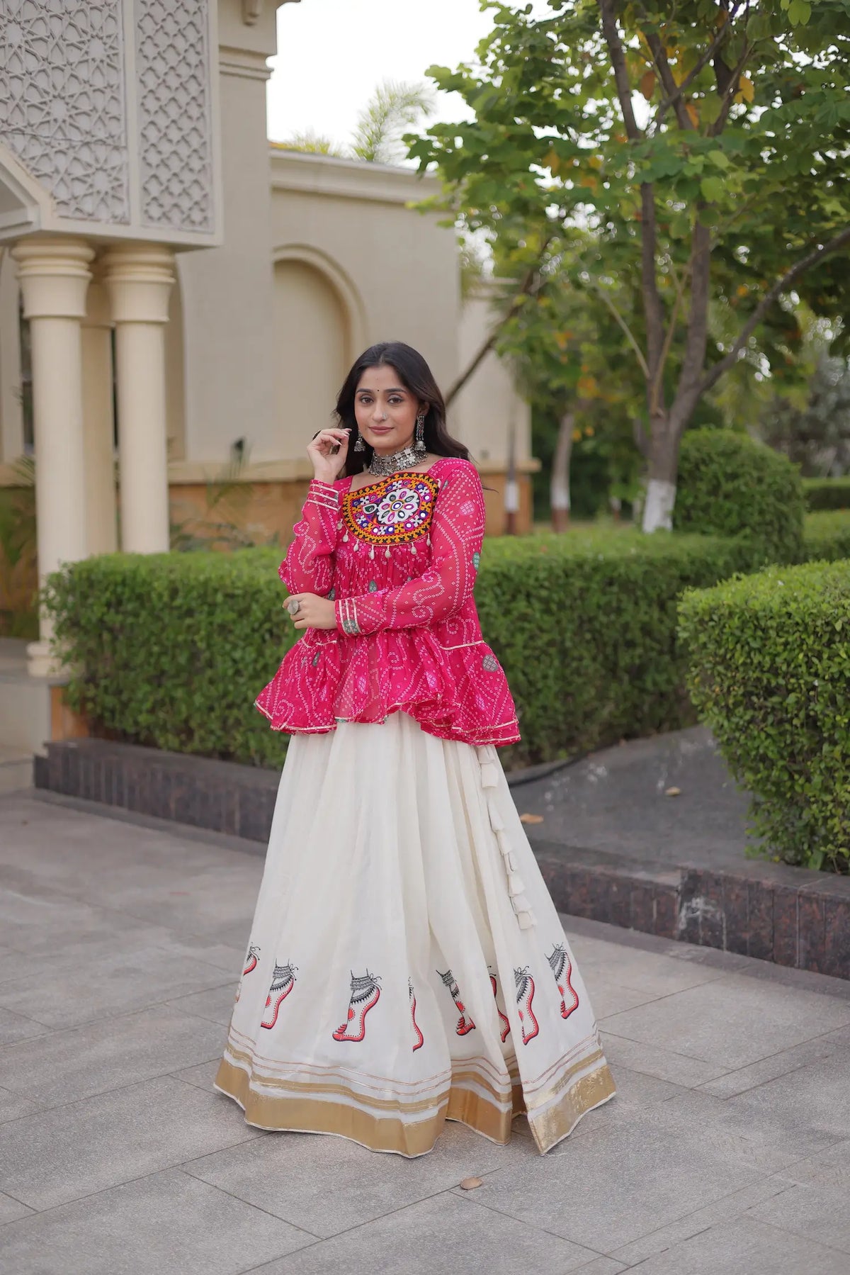 Pink-White Garba Chaniya choli With Gamthi Patch Work