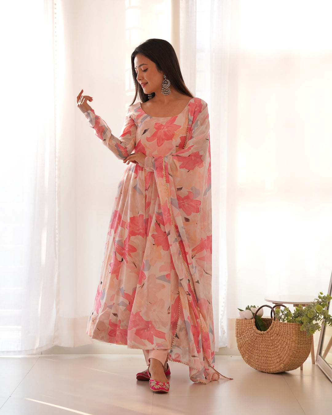 Stunning PINK COLOR HEAVY PURE FOX GEORGETTE MULTI FLORAL PRINT outfit featuring intricate floral patterns and vibrant pink hue