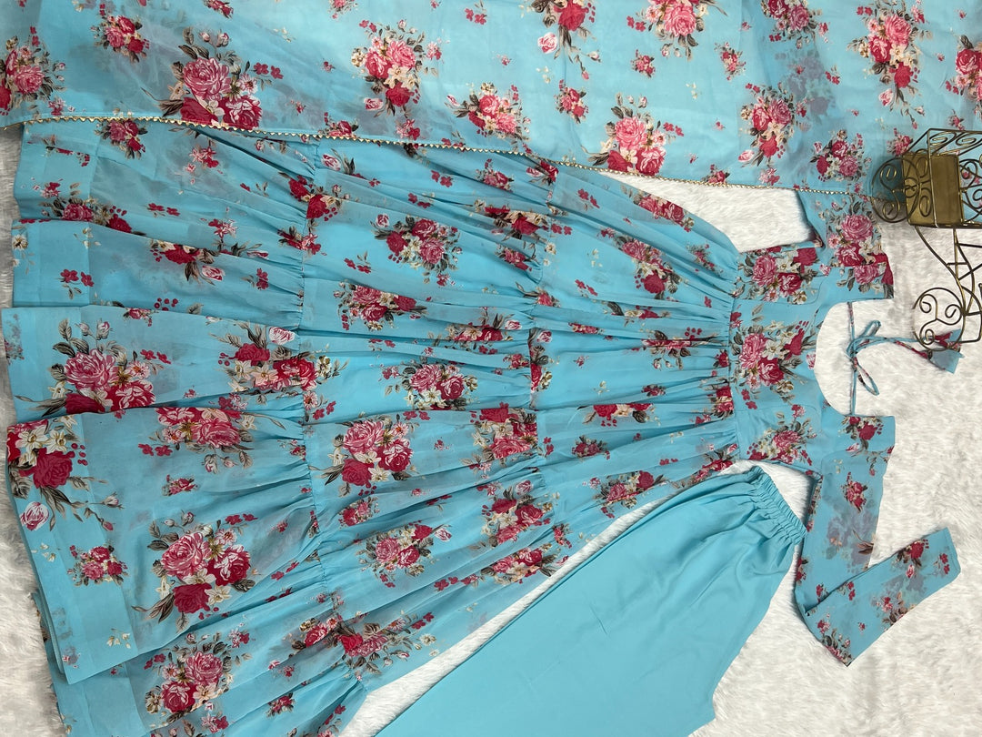 Blue color heavy pure soft fox georgette fabric with intricate floral print