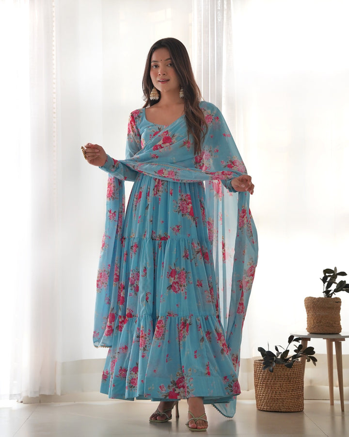 Blue color heavy pure soft fox georgette fabric with intricate floral print design