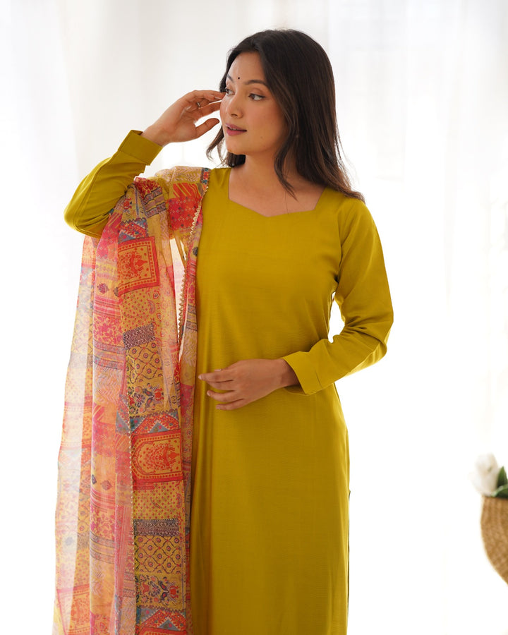 Mustard color Peter pure viscose fabric straight fit kurta set on display