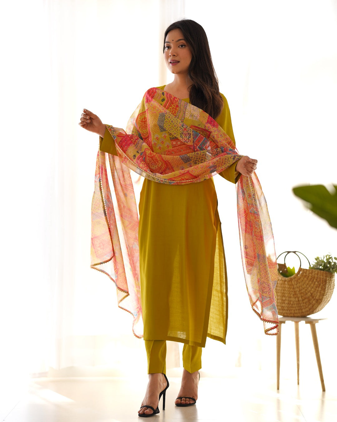 Mustard yellow, pure viscose fabric kurta set with straight fit design