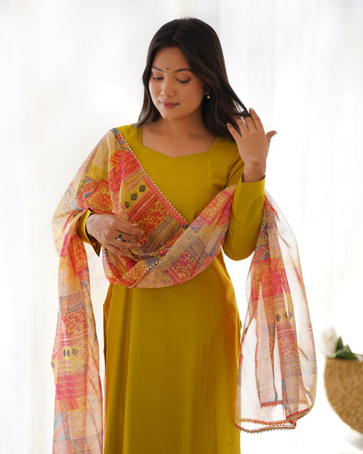 Mustard color Peter Pure viscose fabric straight fit kurta set on a hanger