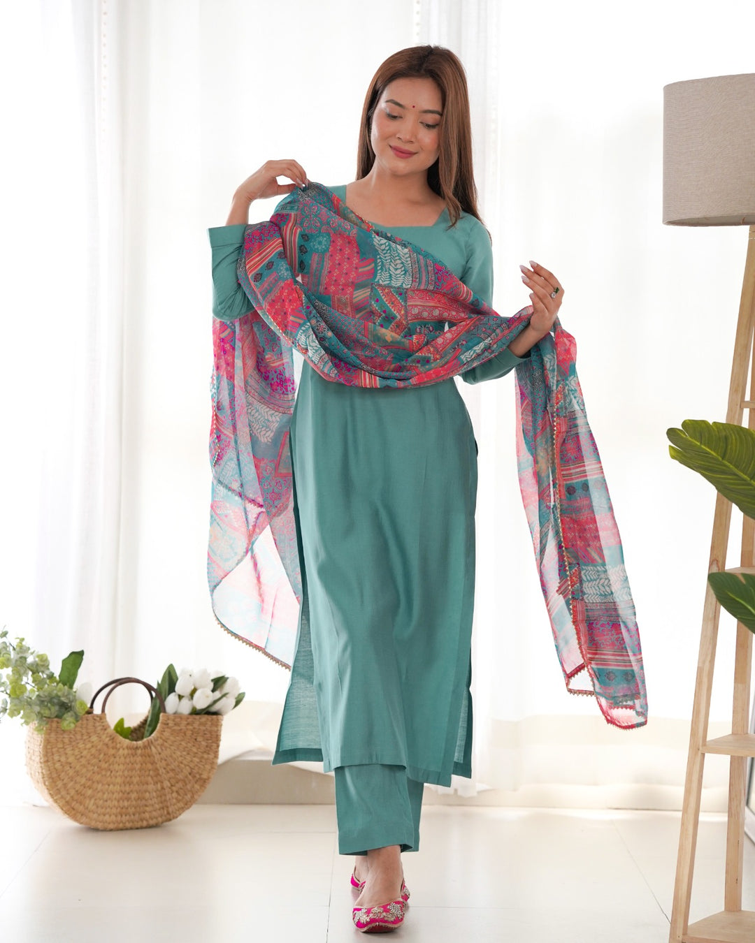 Teal color Peter pure viscose fabric straight fit kurta set with intricate embroidery