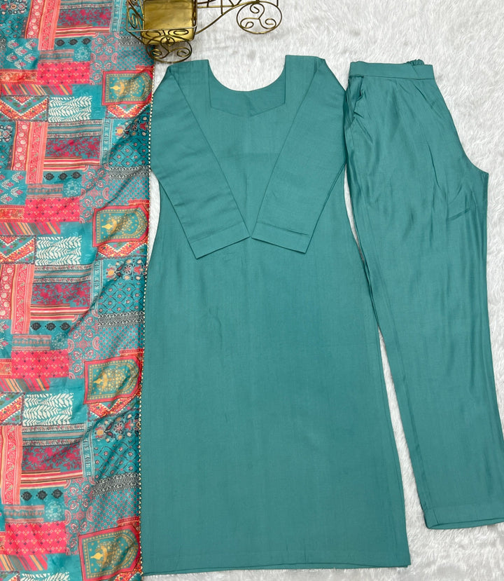 Teal color Peter pure viscose fabric straight fit kurta set with intricate embroidery detail