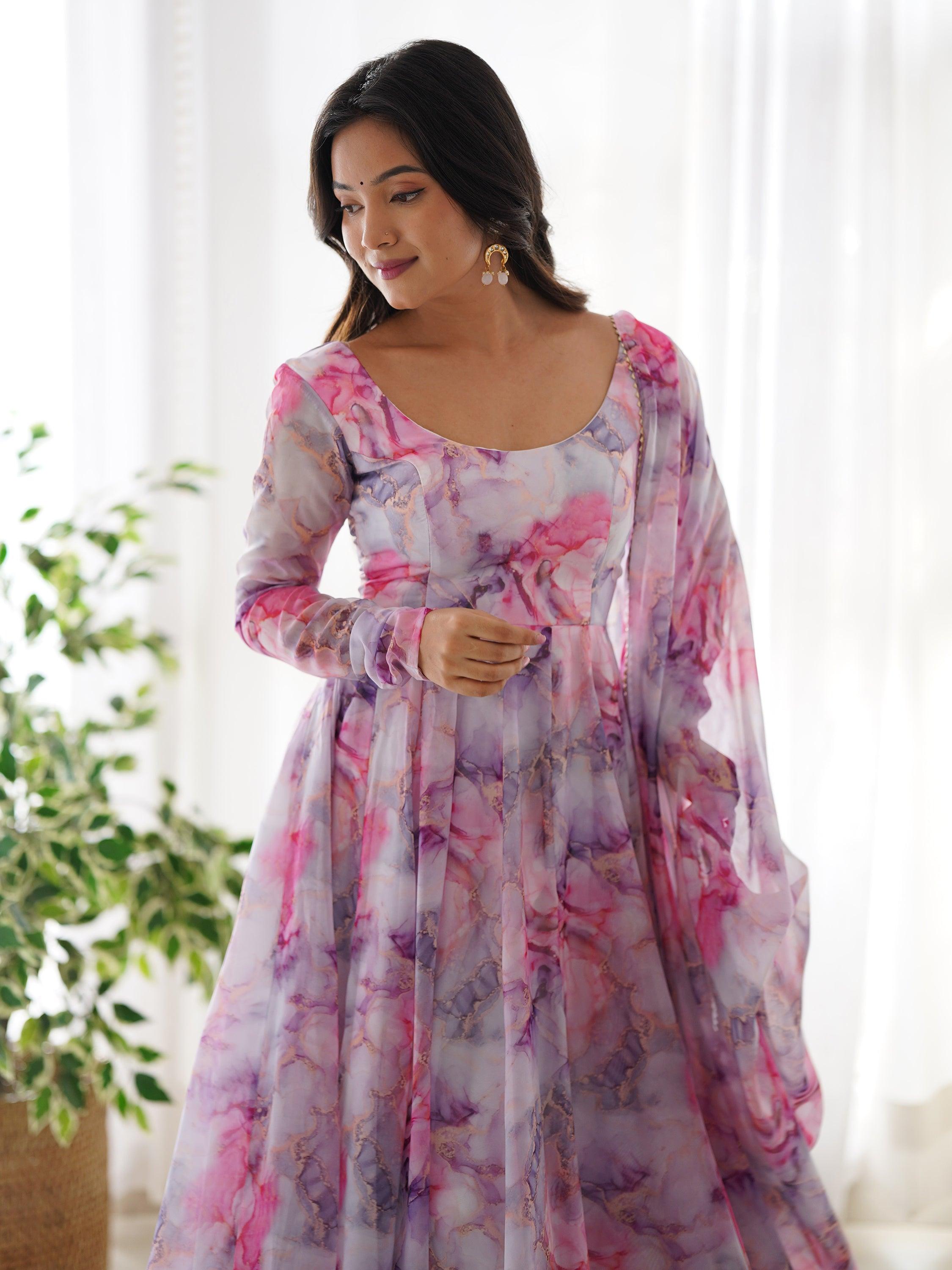 Charming off-white digital printed organza traditional anarkali suit with intricate embroidery