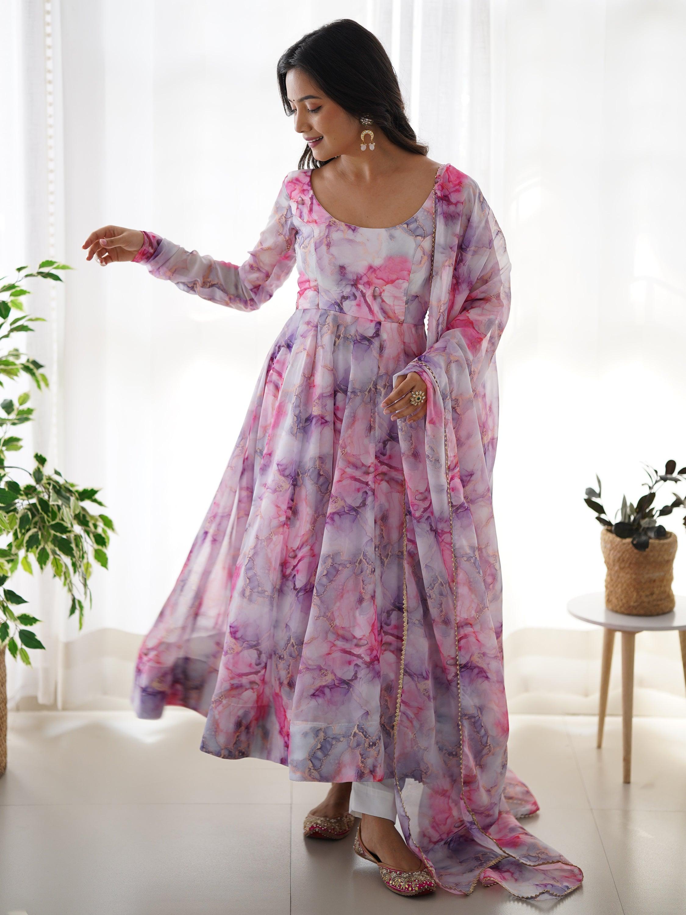 Charming off-white traditional Anarkali suit with digital printed organza fabric