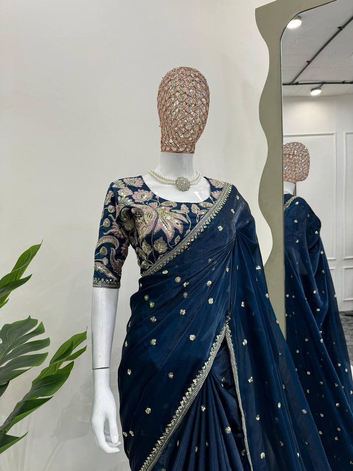 Dark Blue Color Jimmy Chu Thread & Sequence work  Saree - INSPIRED