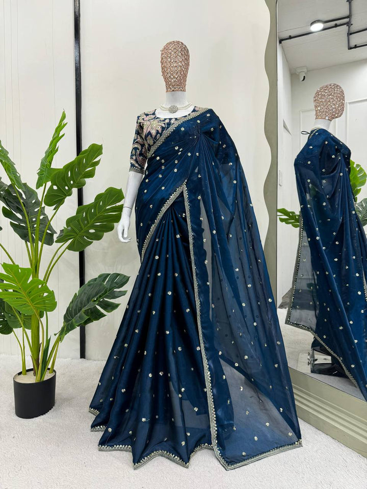 Dark Blue Color Jimmy Chu Thread & Sequence work  Saree - INSPIRED