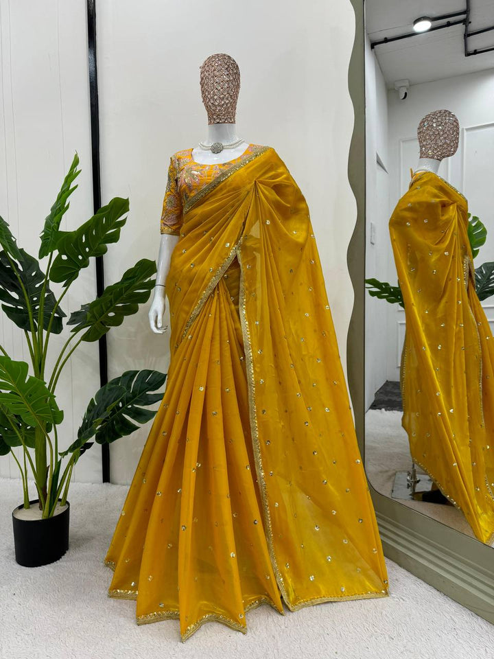 Yellow Color Jimmy Chu Thread & Sequence work Saree - INSPIRED