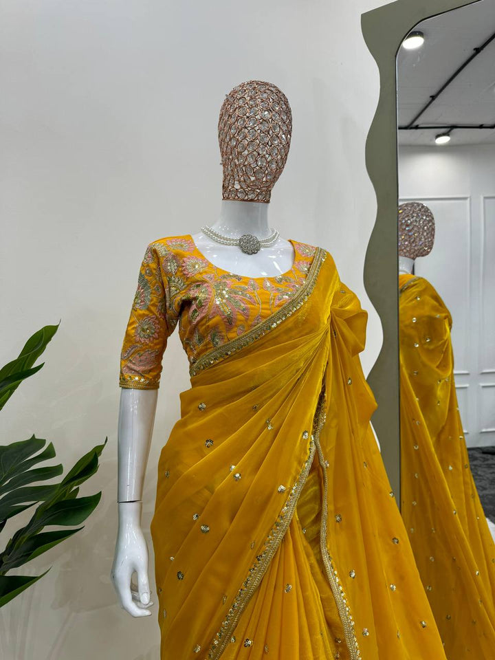 Yellow Color Jimmy Chu Thread & Sequence work Saree - INSPIRED