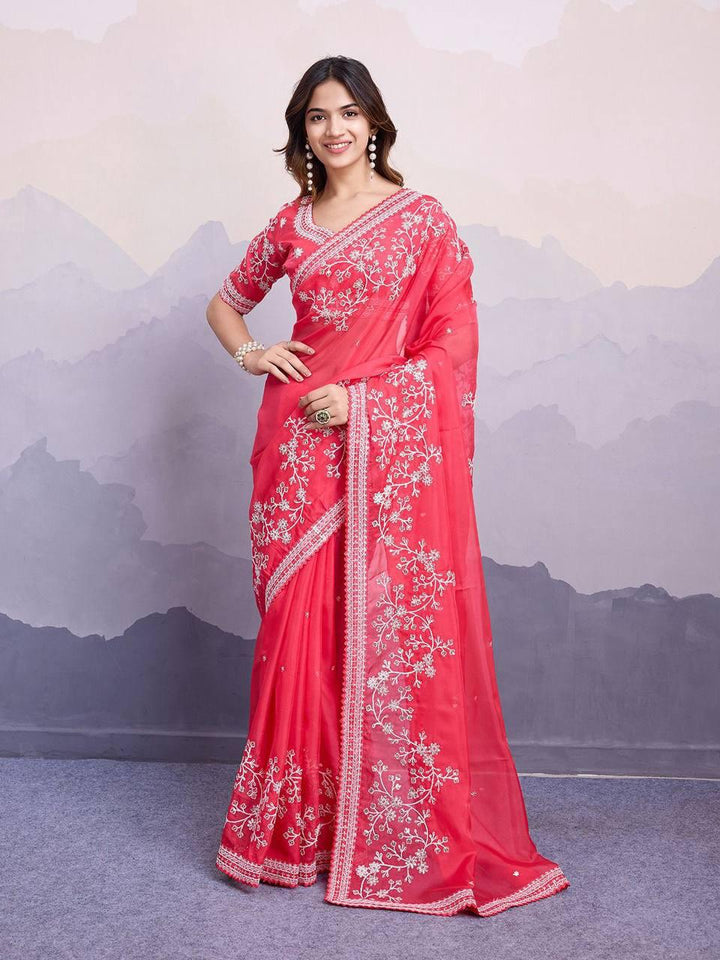 Red Color Tibby Silk Thred & Sequnce Saree - INSPIRED