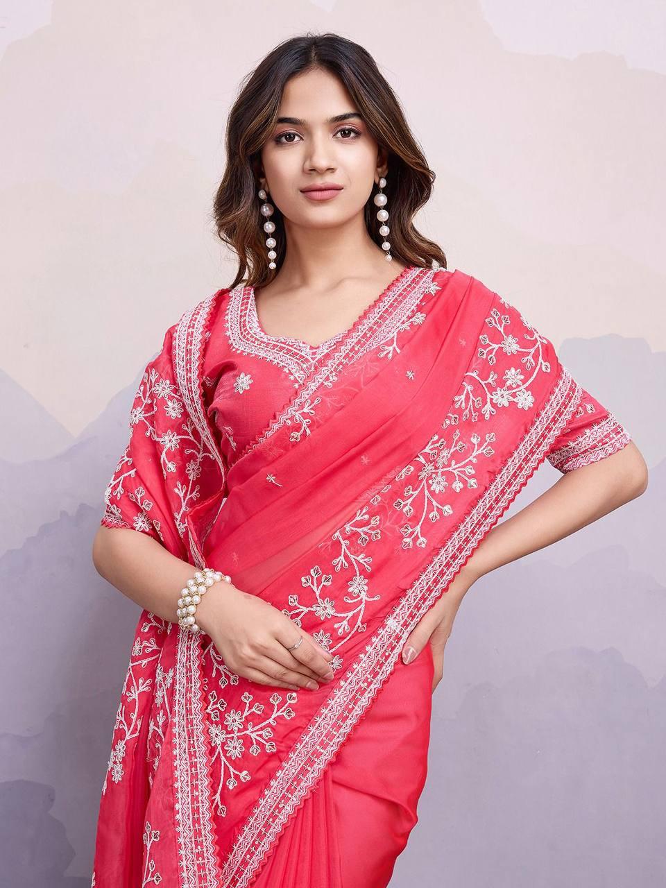 Red Color Tibby Silk Thred & Sequnce Saree - INSPIRED