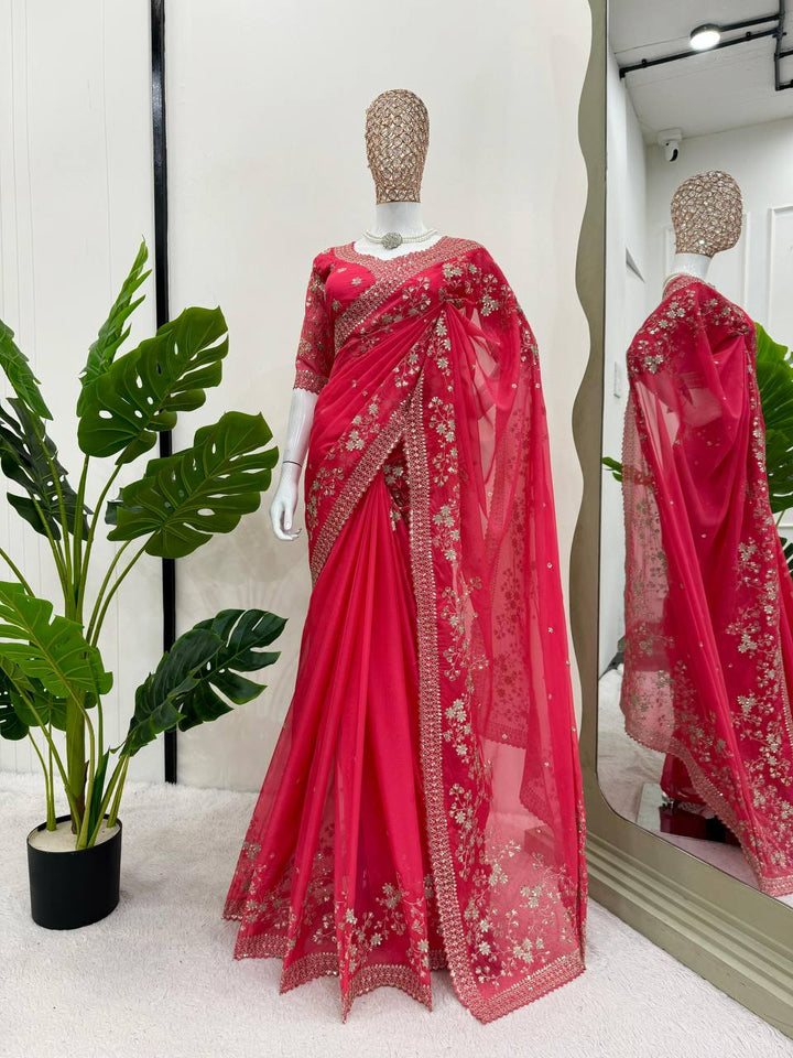 Red Color Tibby Silk Thred & Sequnce Saree - INSPIRED