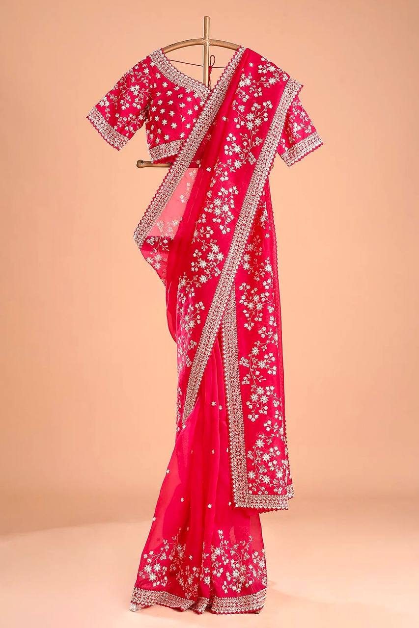 Red Color Tibby Silk Thred & Sequnce Saree - INSPIRED