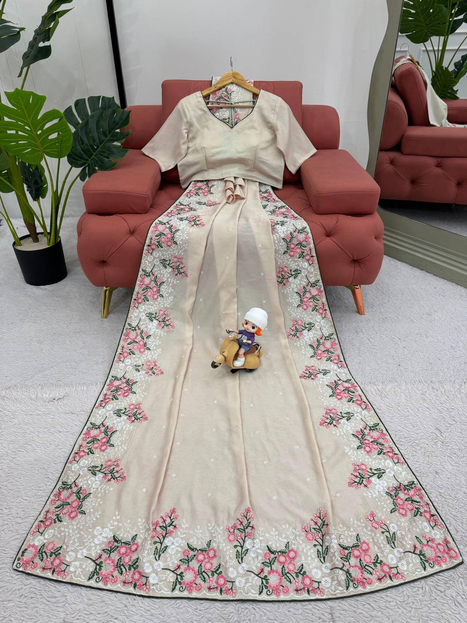 Cream Color Roman Silk Thred work with Paiping Saree - INSPIRED