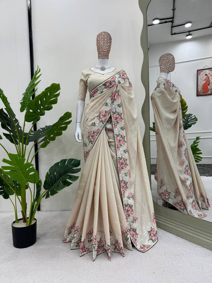 Cream Color Roman Silk Thred work with Paiping Saree - INSPIRED