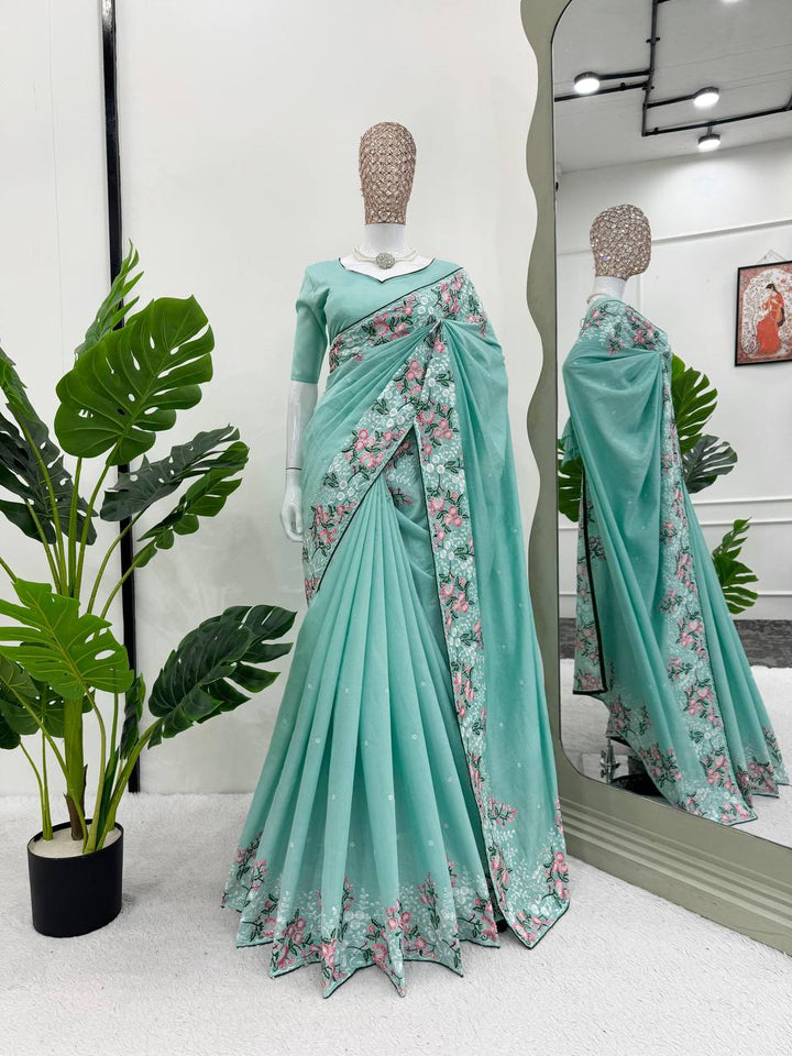 Mint Green Color Roman Silk Thred work with Paiping Saree - INSPIRED