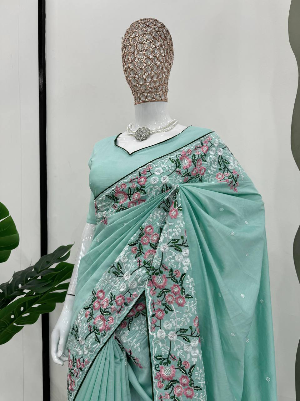 Mint Green Color Roman Silk Thred work with Paiping Saree - INSPIRED