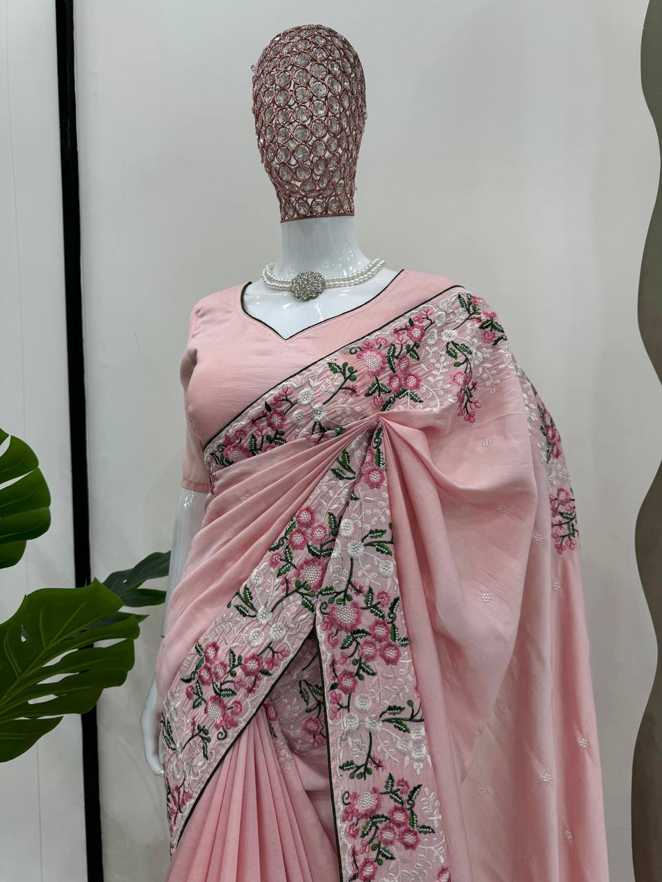 Pink Color Roman Silk Thred work with Paiping Saree - INSPIRED