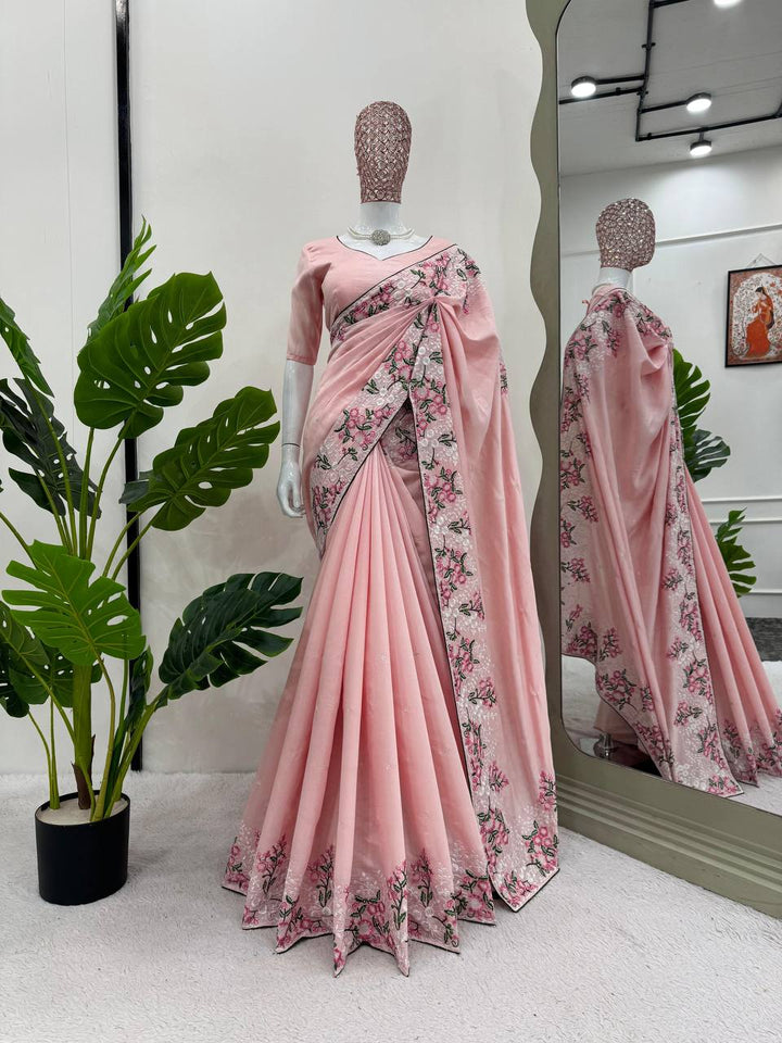 Pink Color Roman Silk Thred work with Paiping Saree - INSPIRED