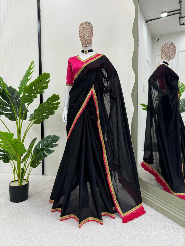 Black Color Mul Cotton Fancy Lace with Havy Latkan on Pallu Saree - INSPIRED