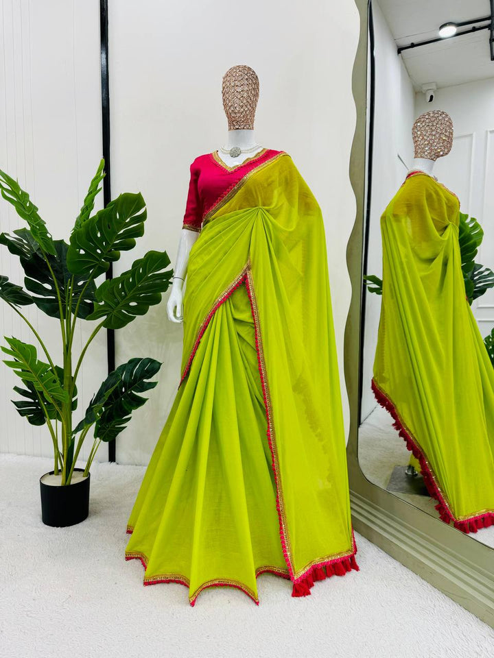 Green Color Mul Cotton Fancy Lace with Havy Latkan on Pallu Saree - INSPIRED