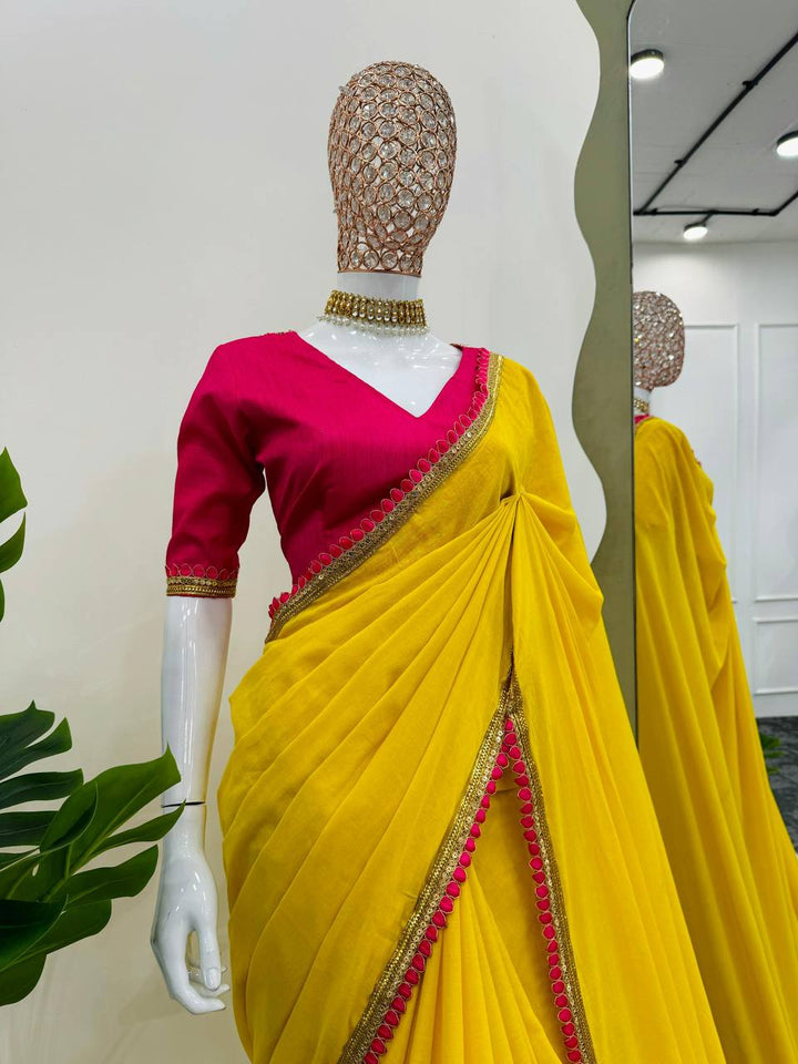 Yellow Color Mul Cotton Fancy Lace with Havy Latkan on Pallu Saree - INSPIRED