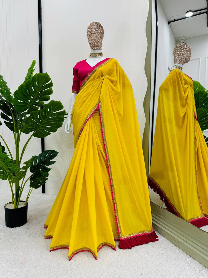 Yellow Color Mul Cotton Fancy Lace with Havy Latkan on Pallu Saree - INSPIRED