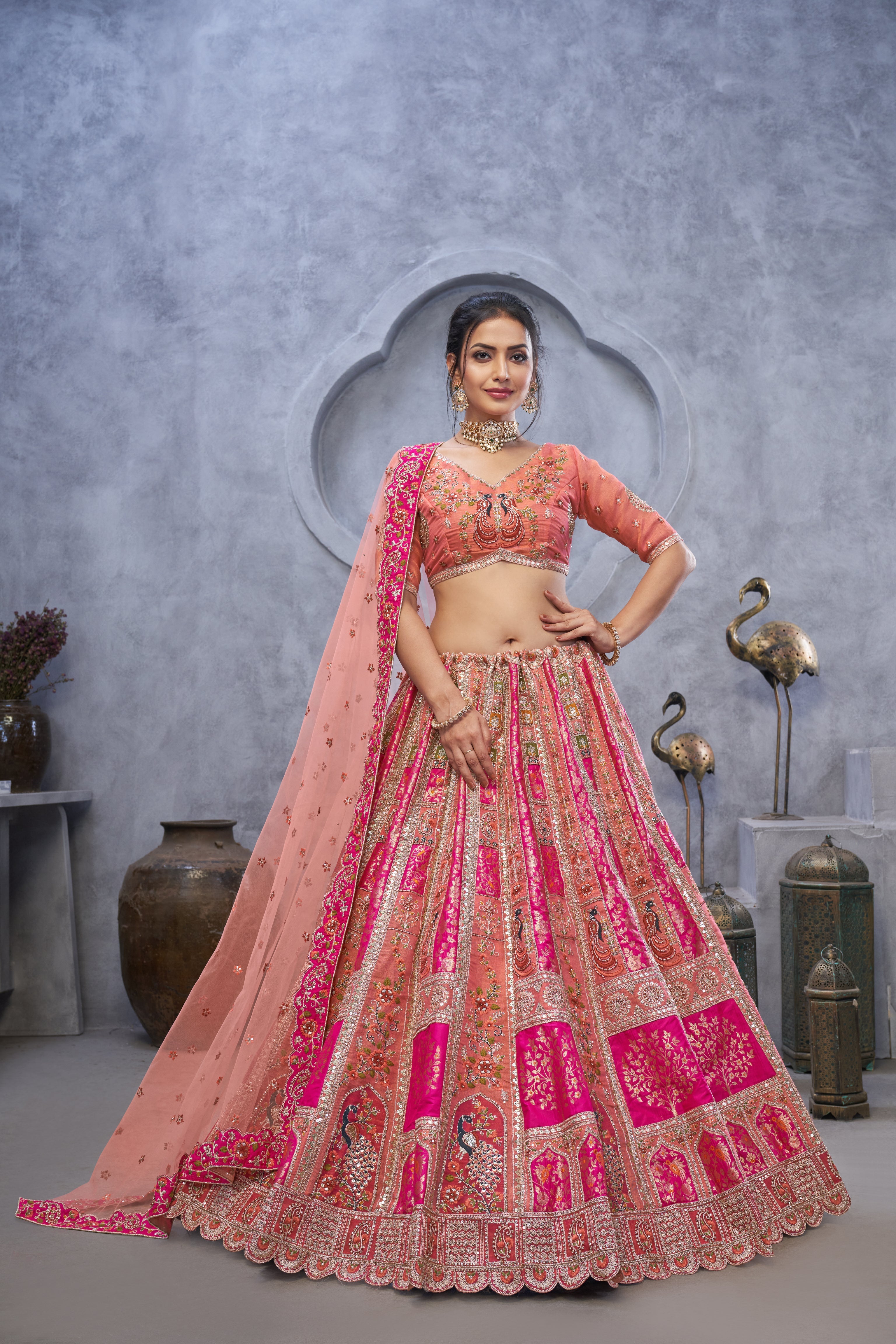 The Bagh Collection: Plush Pink Lehenga with Thread and Sequin Embellishments - qivii