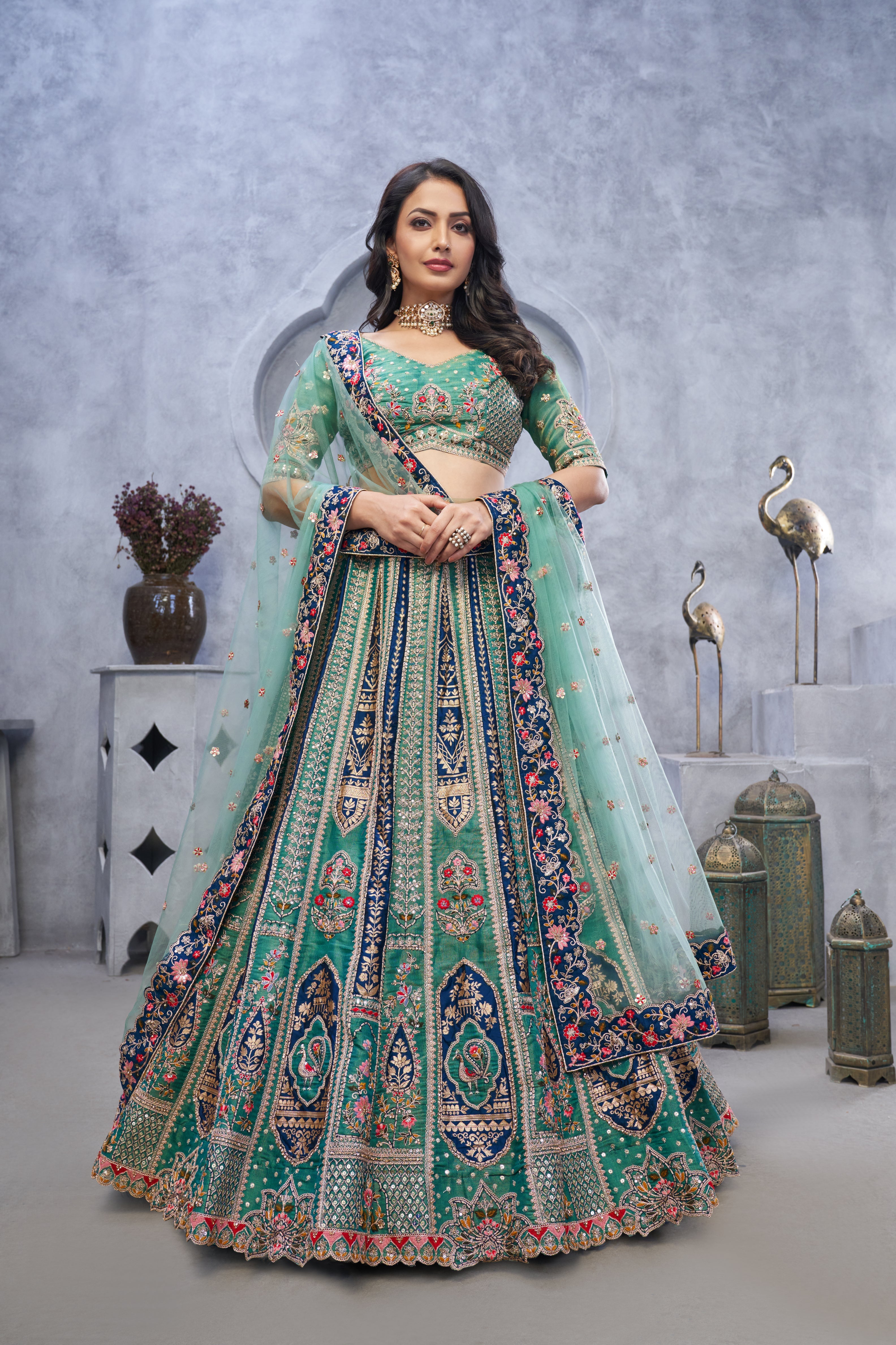 Green Organza Silk Paisley Embroidered Bridal Lehenga Choli with Soft Net Dupatta - qivii