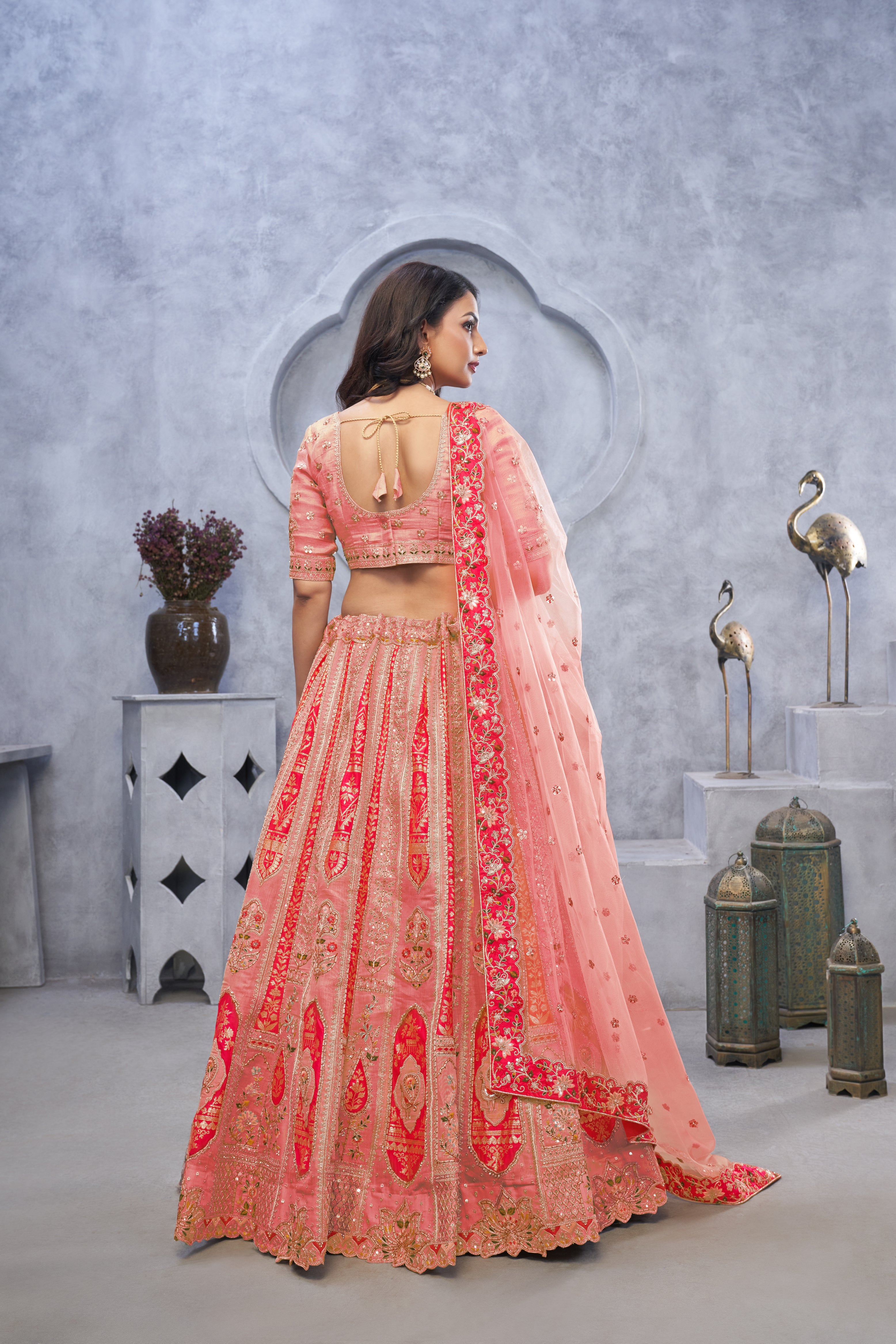 Pink Organza Silk Wedding Lehenga Choli with Paisley Motifs & Soft Net Dupatta - qivii
