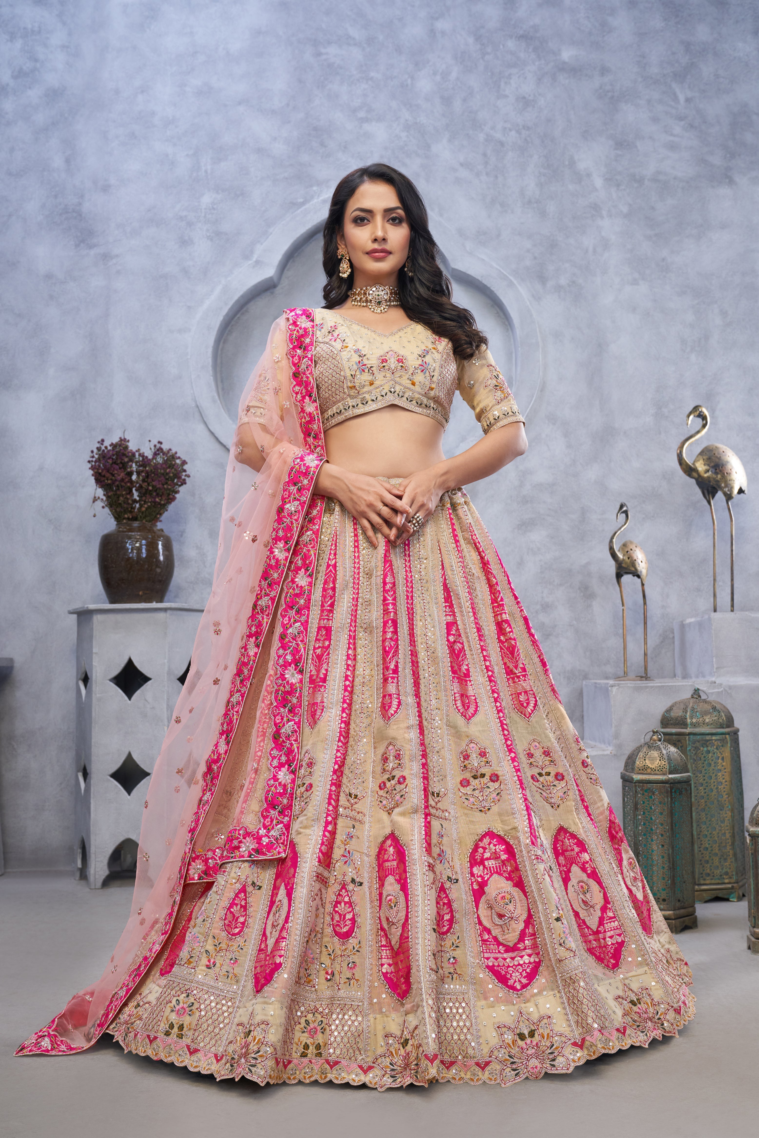 Organza Silk Bridal Lehenga Choli with Intricate Paisley Motifs & Soft Net Dupatta - qivii