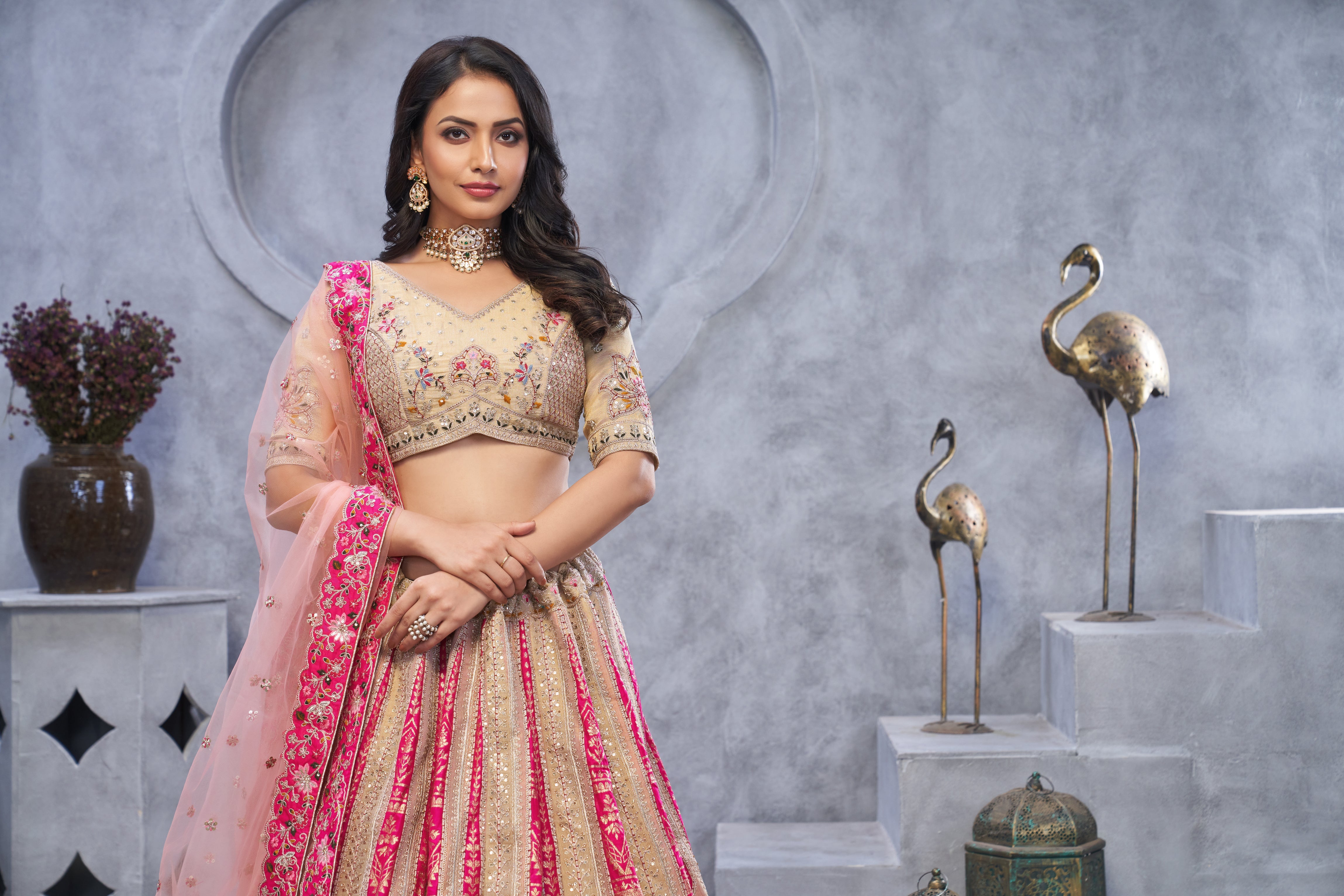 Organza Silk Bridal Lehenga Choli with Intricate Paisley Motifs & Soft Net Dupatta - qivii