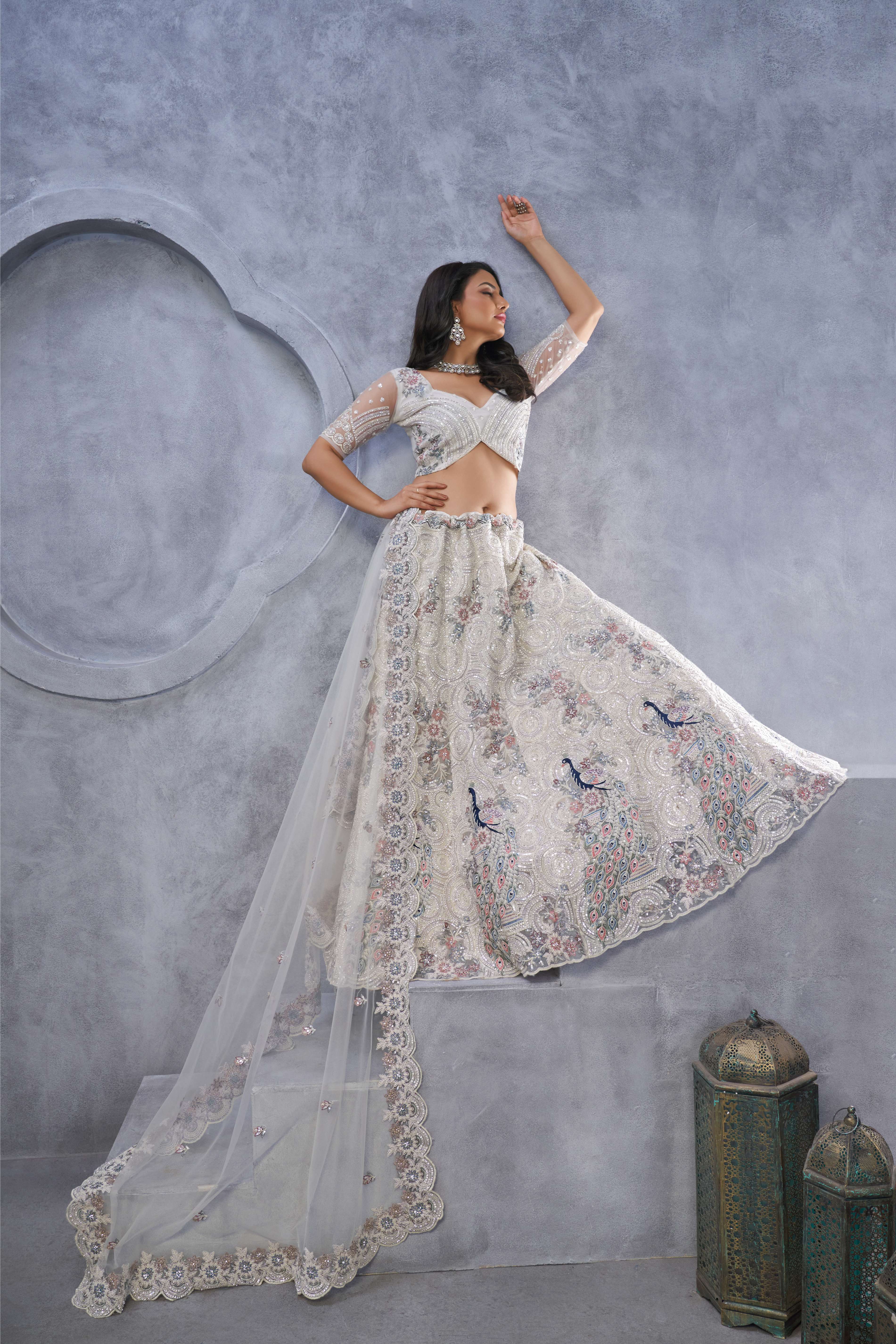 Ivory Sangeet Lehenga Choli with Bel Butti Design - qivii