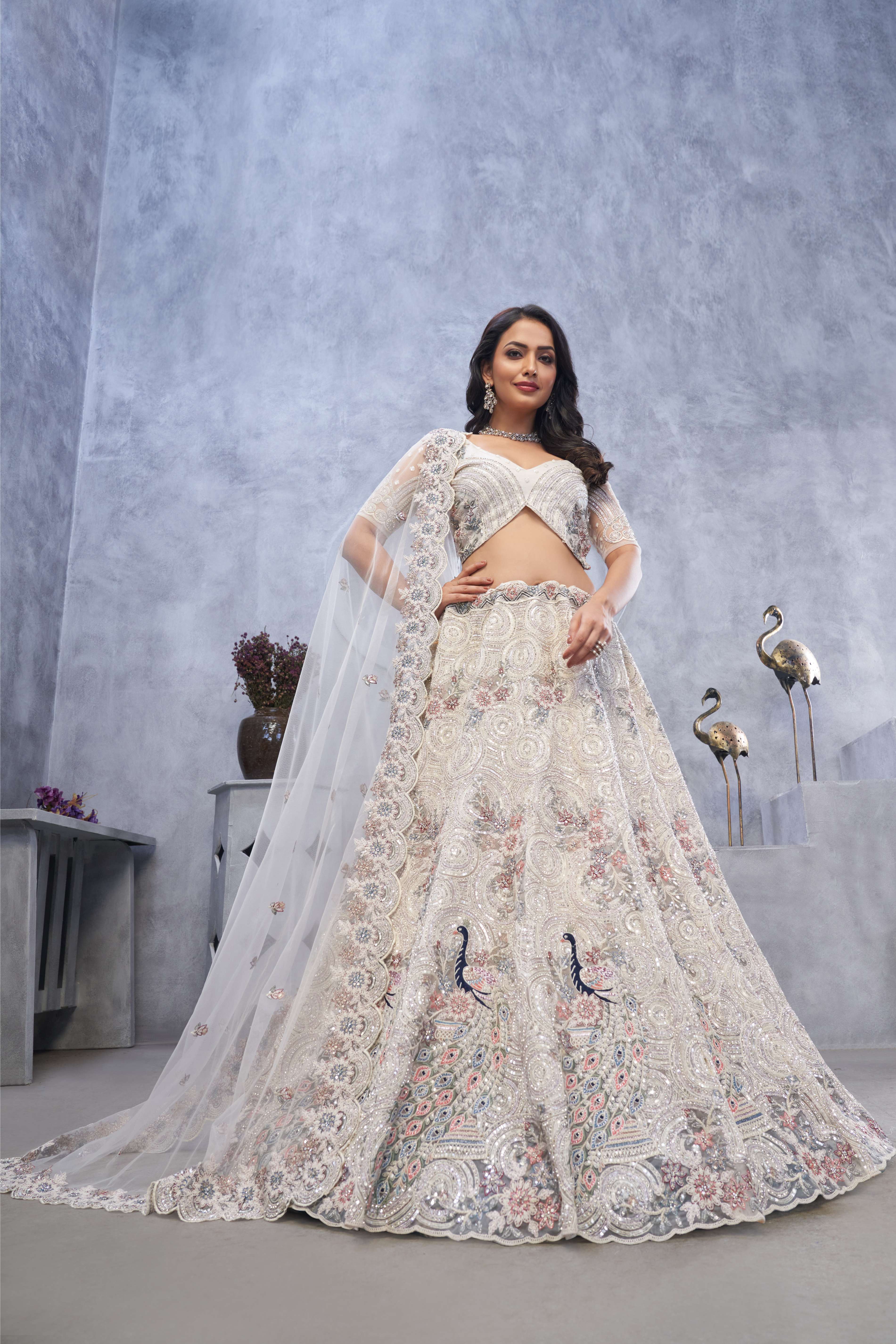 Ivory Sangeet Lehenga Choli with Bel Butti Design - qivii