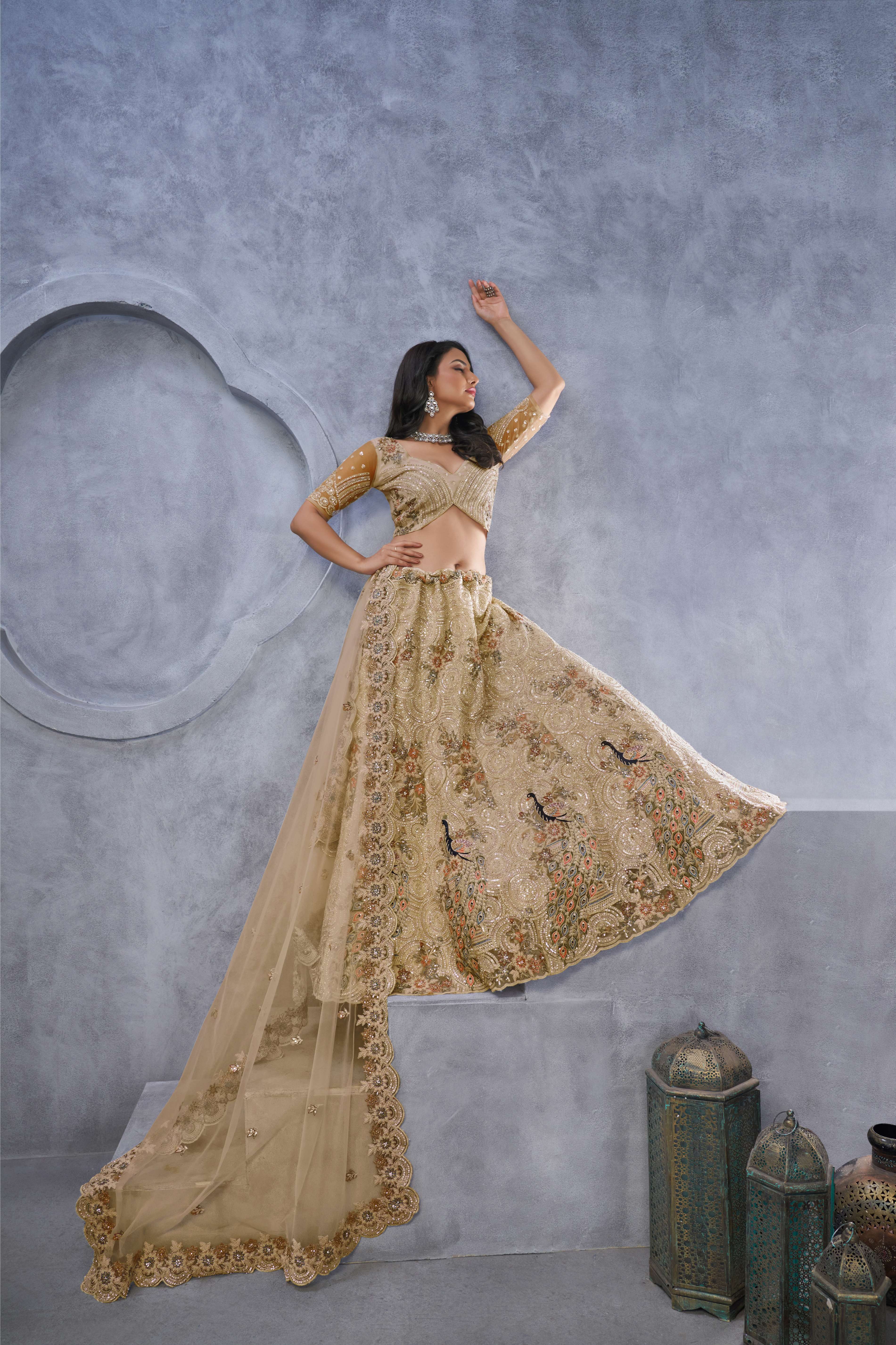 Golden Sangeet Lehenga Choli with Alluring Bel Butti Pattern - qivii