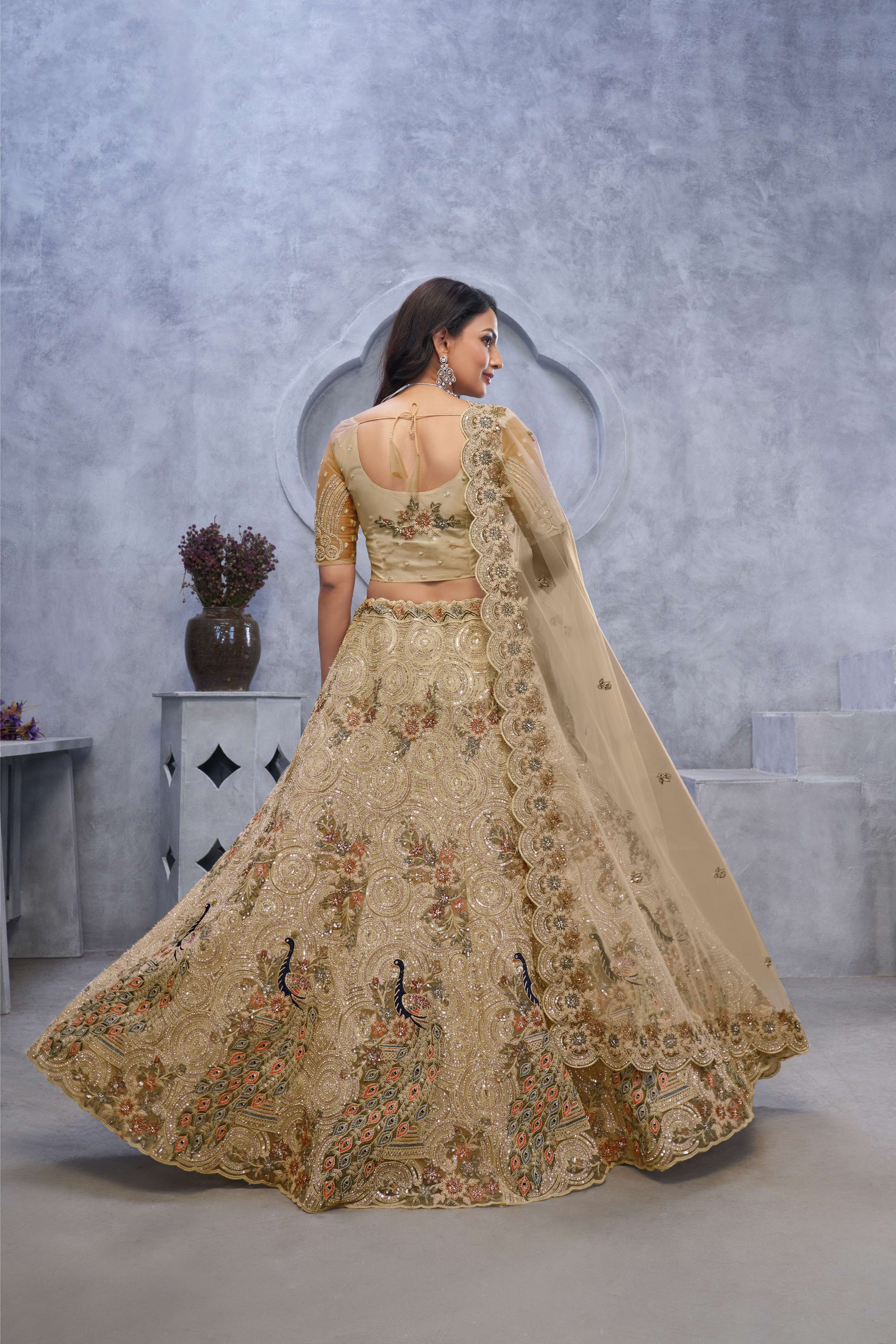 Golden Sangeet Lehenga Choli with Alluring Bel Butti Pattern - qivii