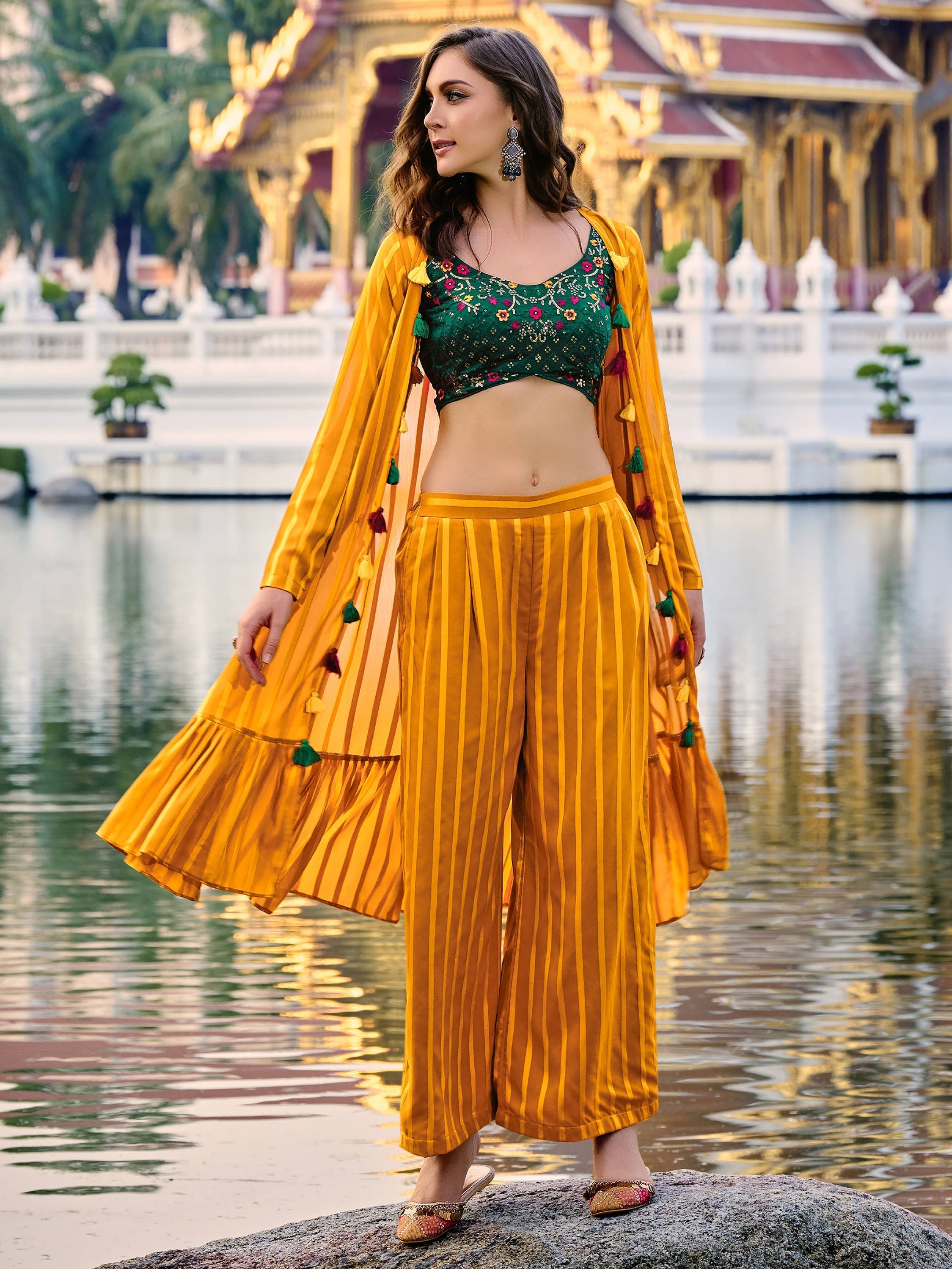 Attractive yellow embroidered georgette palazzo suit with jacket for women