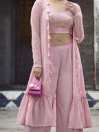 Ready to wear dusty pink palazzo suit with jacket, customized up to 42 inches
