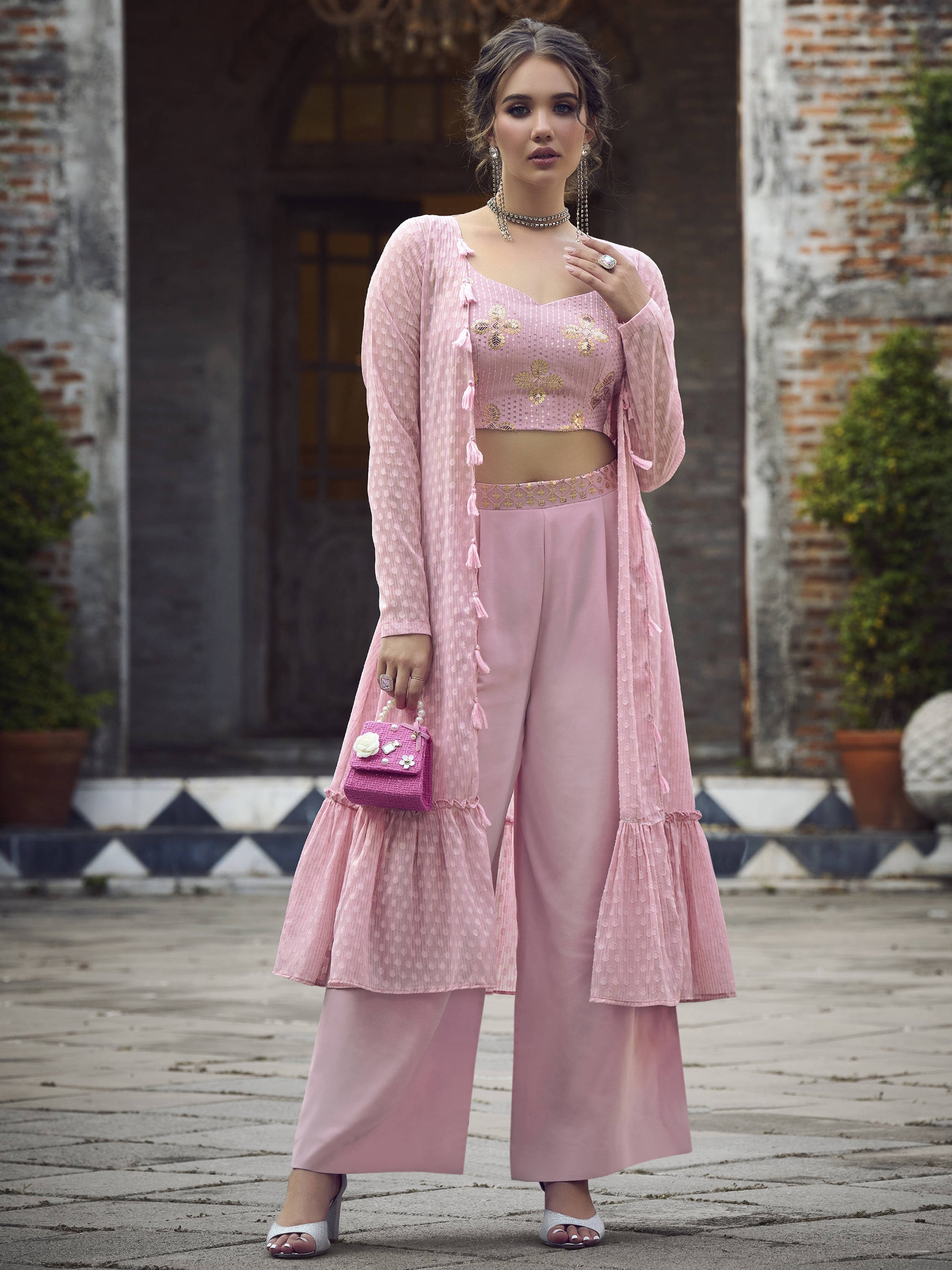 

Dusty pink georgette palazzo suit with self-weaving design embroidery