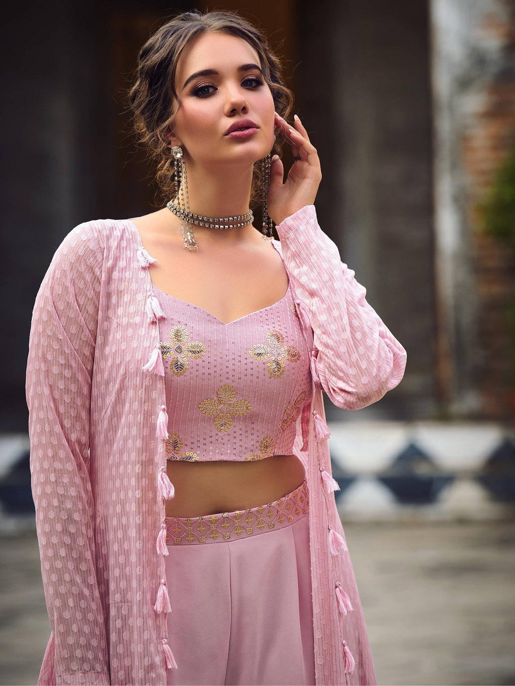 Georgette fabric jacket with self-weaving design in dusty pink color